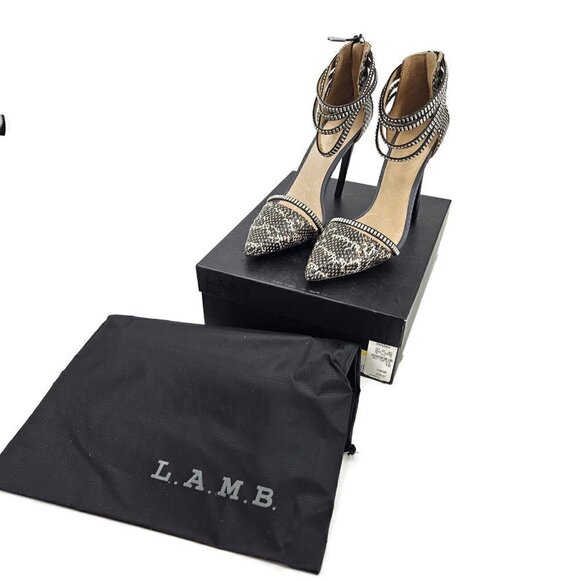 New LAMB Fernley Snakeprint Stilettos Womens 10 Leather Heels L.A.M.B. Black - Picture 2 of 9